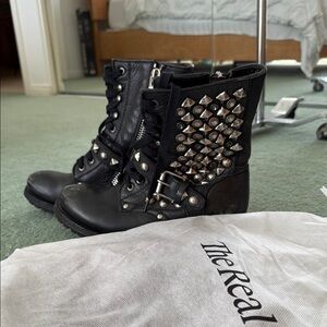 Ash Black Combat Moto Boots with Studded Accents